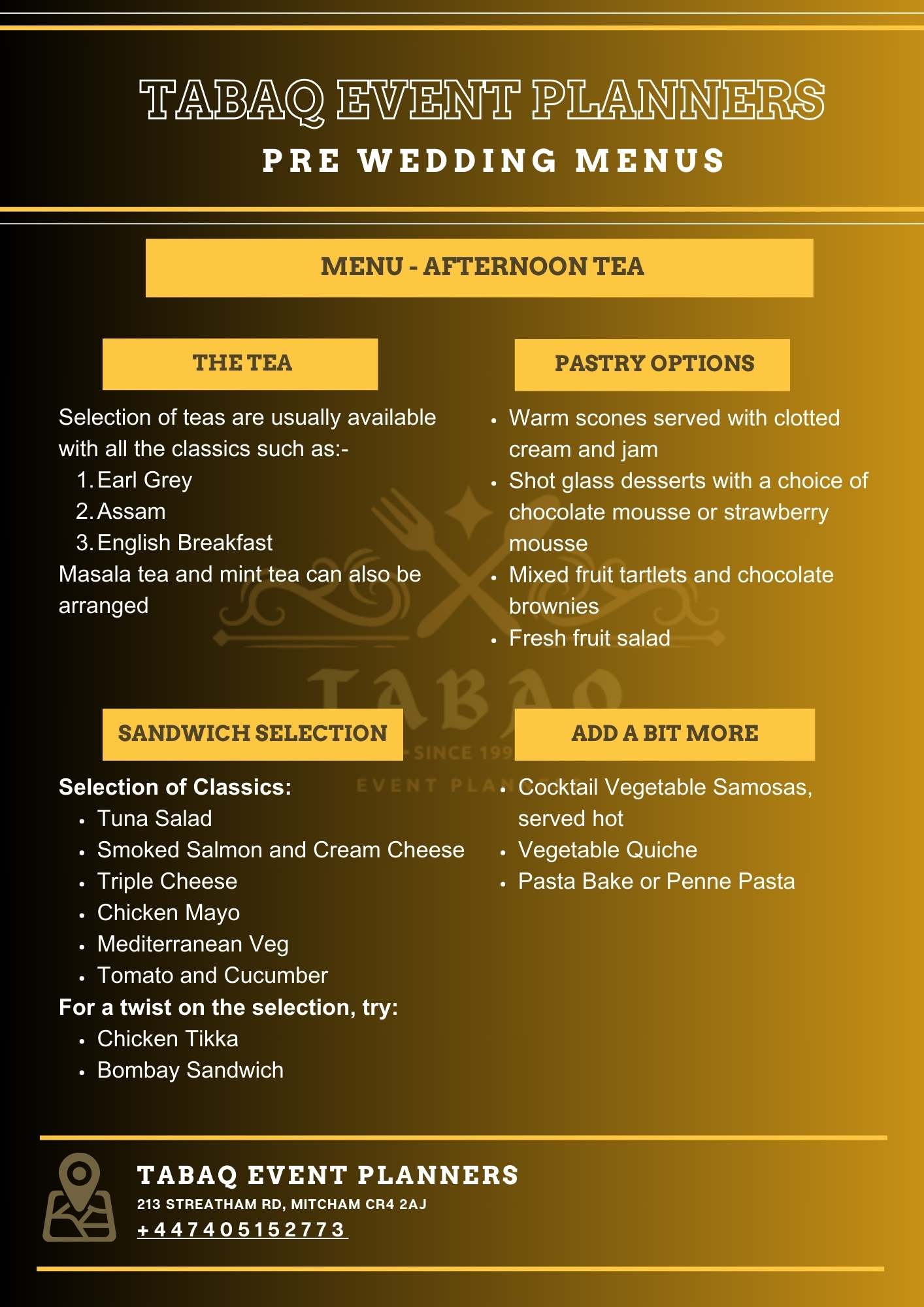 Afternoon Catering Services in UK related to Pre Wedding Menu 2